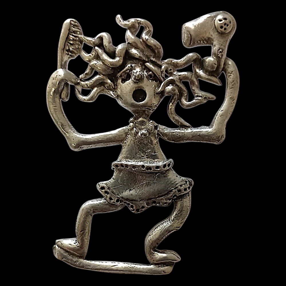 Samis Creations Hairdresser Brooch Pin Vtg Hair Stylist Beauty Salon Silver Tone